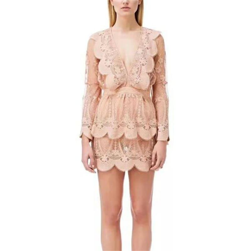 Deep V-neck Mini-dress Pink Luxury Lace Ruffled Mini Dress