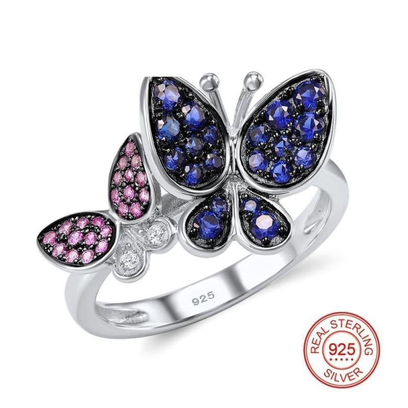 Elegant Blue Pink Stones Butterfly Earrings Ring Set 925 Sterling Silver Chic Jewelry Set