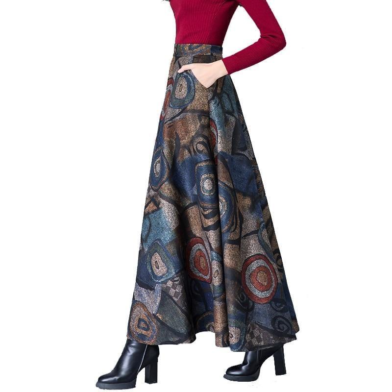 Elegant Print Vintage Warm High Waist Wool Maxi Long Skirt