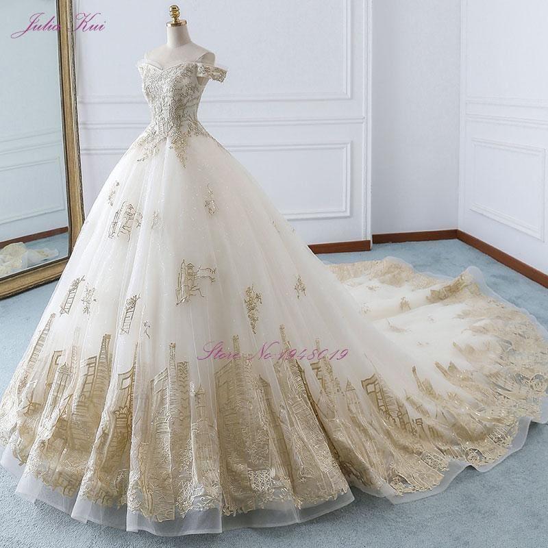 Elegant Shiny Embroidery Tulle Scalloped Bridal Dress Off The Shoulder Beading Pearls Royal Train Ball Gown Wedding Dress