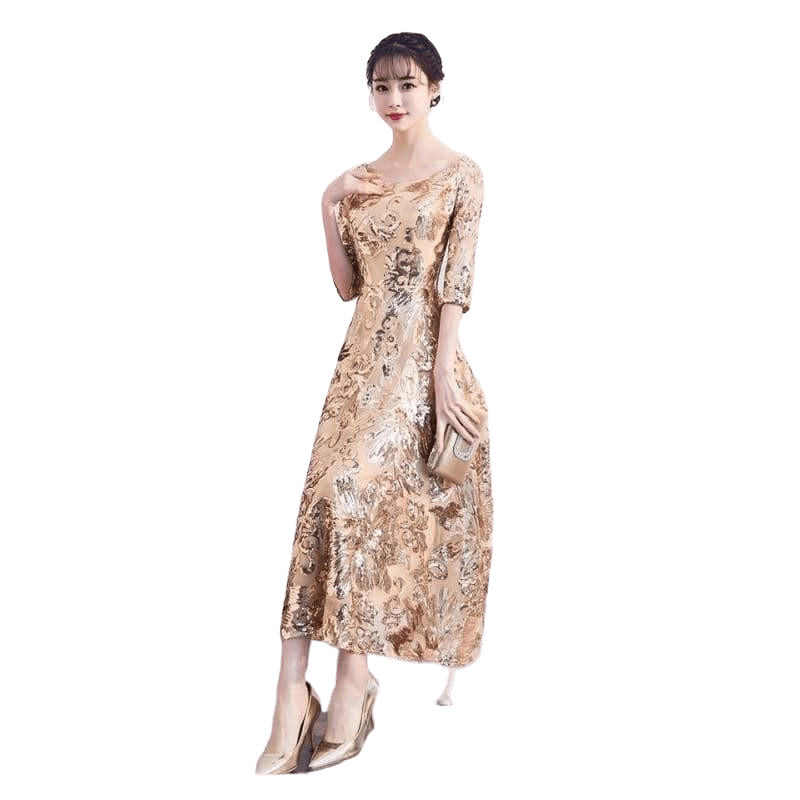 Empire Waist Gold Flower Sequins Formal Evening Midi Dress