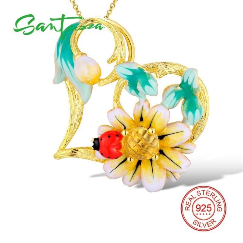 Enamel Sunflower  Ring Earrings Pendent Necklace 925 Sterling Silver Fashion Jewelry Set