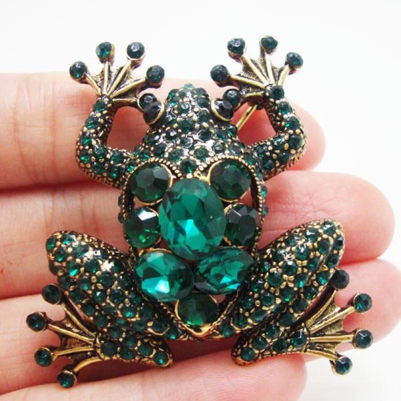 Fashion Jewelry Unique Animal Frog Gold Tone Brooch Pin Green Rhinestone