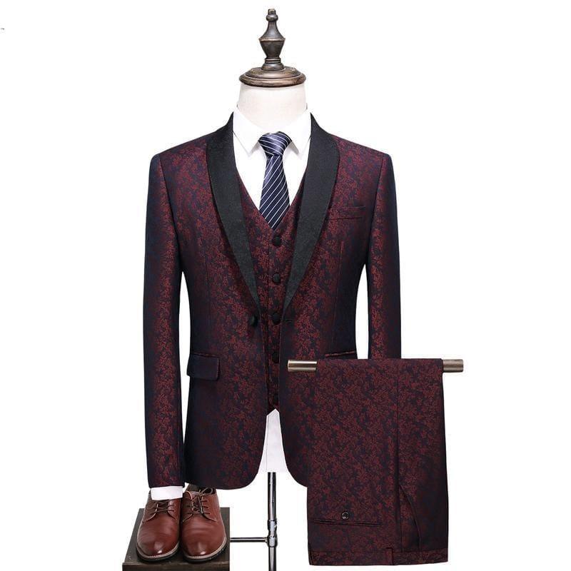 Fashion Printed Blue Burgundy Tuxedo Jacket Pants Vest