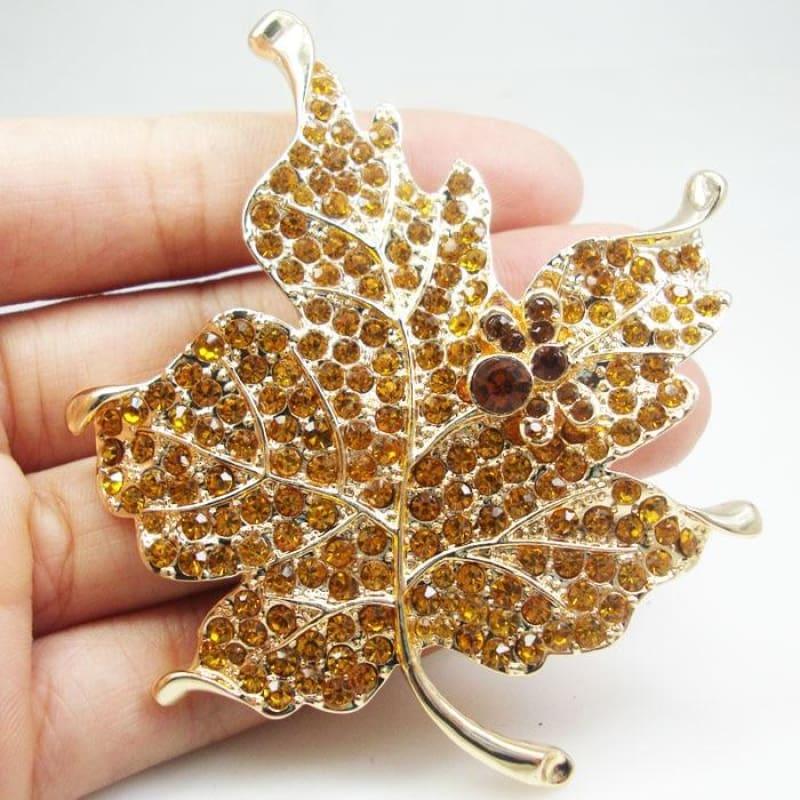 Fashionable Jewelry Gold Tone Maple Leaf Brown Rhinestone Crystal Brooch Pin