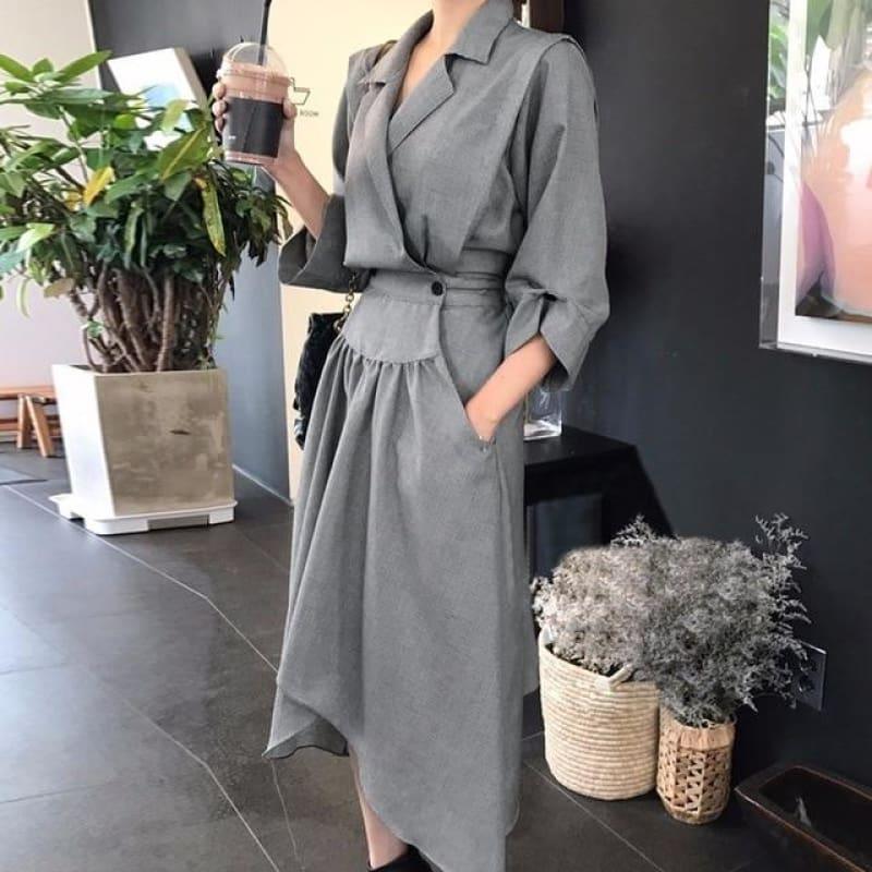 Female V Neck High Waist Ruched Pocket Split Asymmetrical Midi Dress