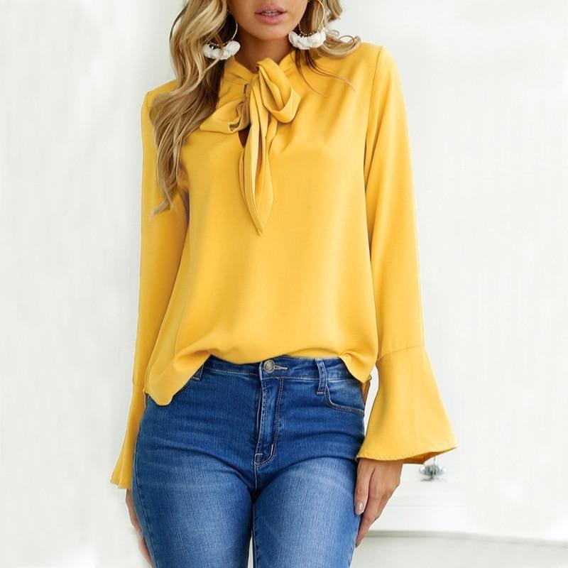 Flare Long Sleeve Chiffon  Bow Ruffle Blouse