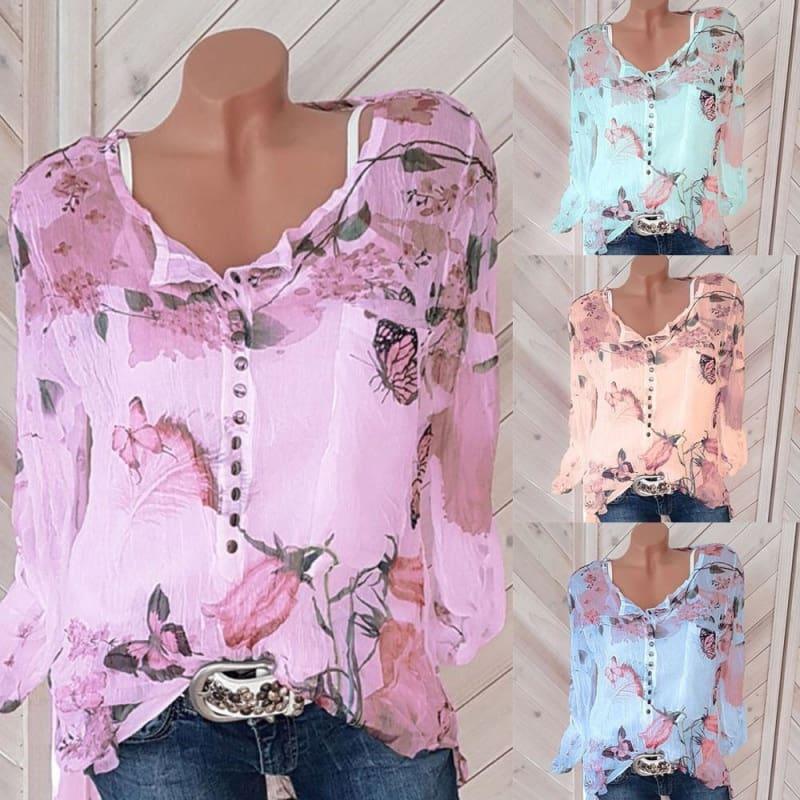 Floral Button Up Chiffon Long Sleeve Irregular Blouse