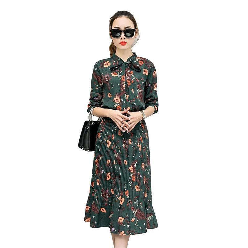 Floral Chiffon Long Sleeve Elegant Pleated Midi Dress