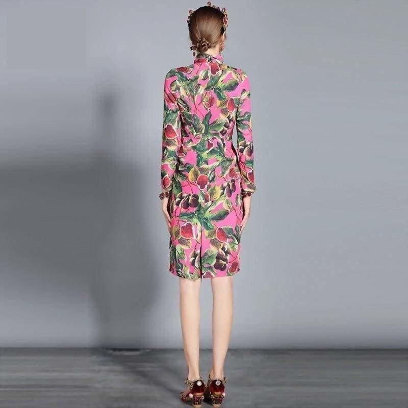 Floral Long Sleeve Bow Collar Elegant Fig Printed Mid Knee Length Slim Dress