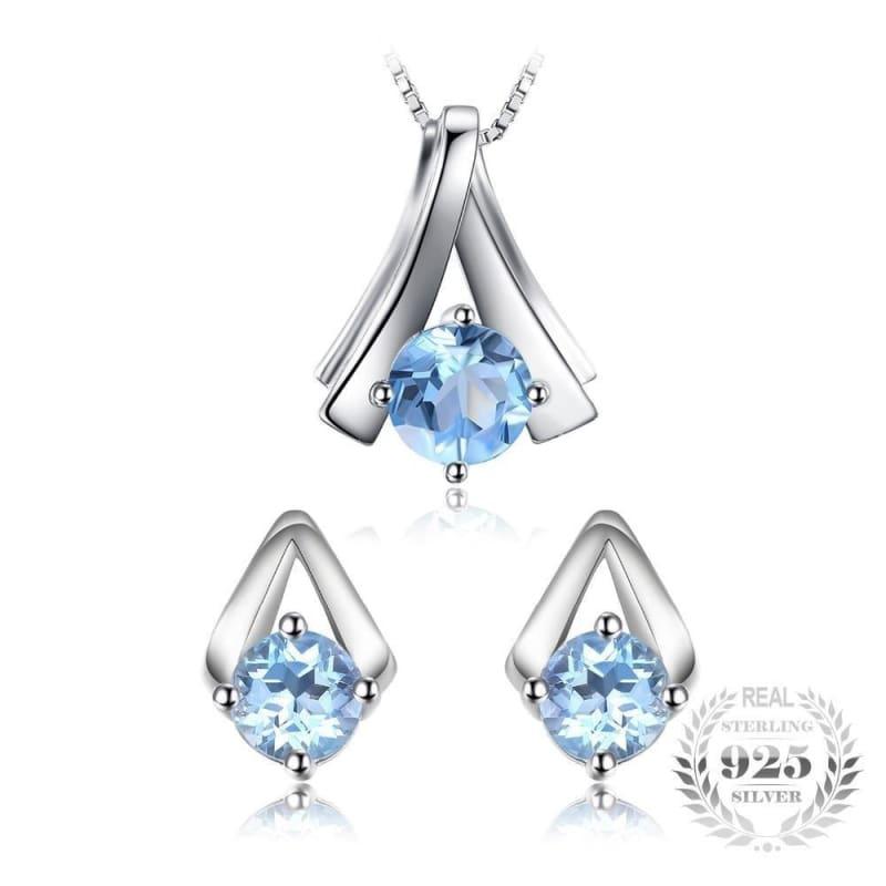 Genuine Sky Blue Topaz Pendant Necklace and Stud Earrings Women Jewelry Sets