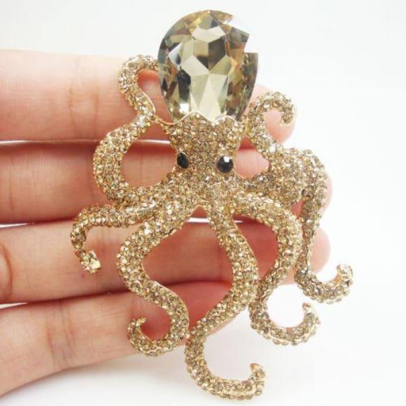 Gold Tone Unique Brown Octopus Pendant Brooch Pins