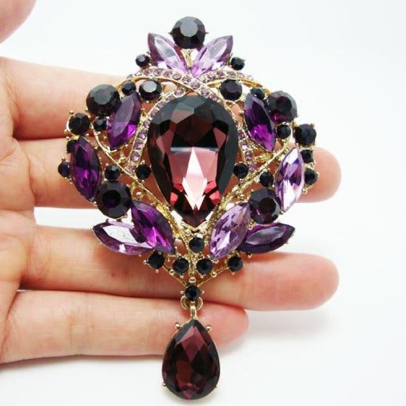 Gorgeous Flower Floral Tear Drop Brooch Pin Purple Crystal Rhinestone Crystal Pendant