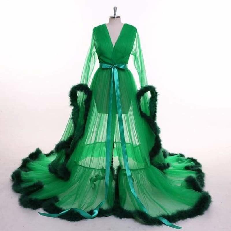 Green Feather Long Sleeve Tulle Evening Dress