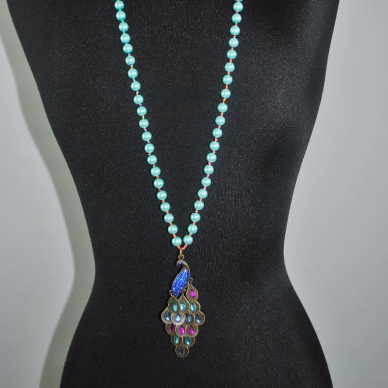 Green Peacock Pendant Glass Pearls Necklace