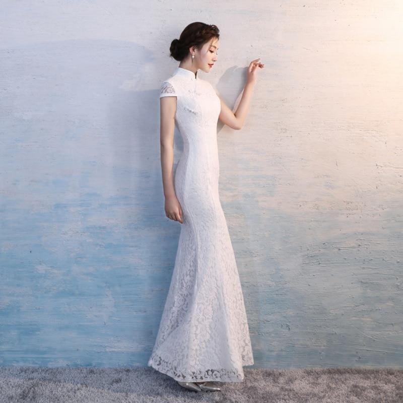 Lace Cheongsam Sexy White Qipao Long Traditional Chinese Oriental Style Maxi Dress