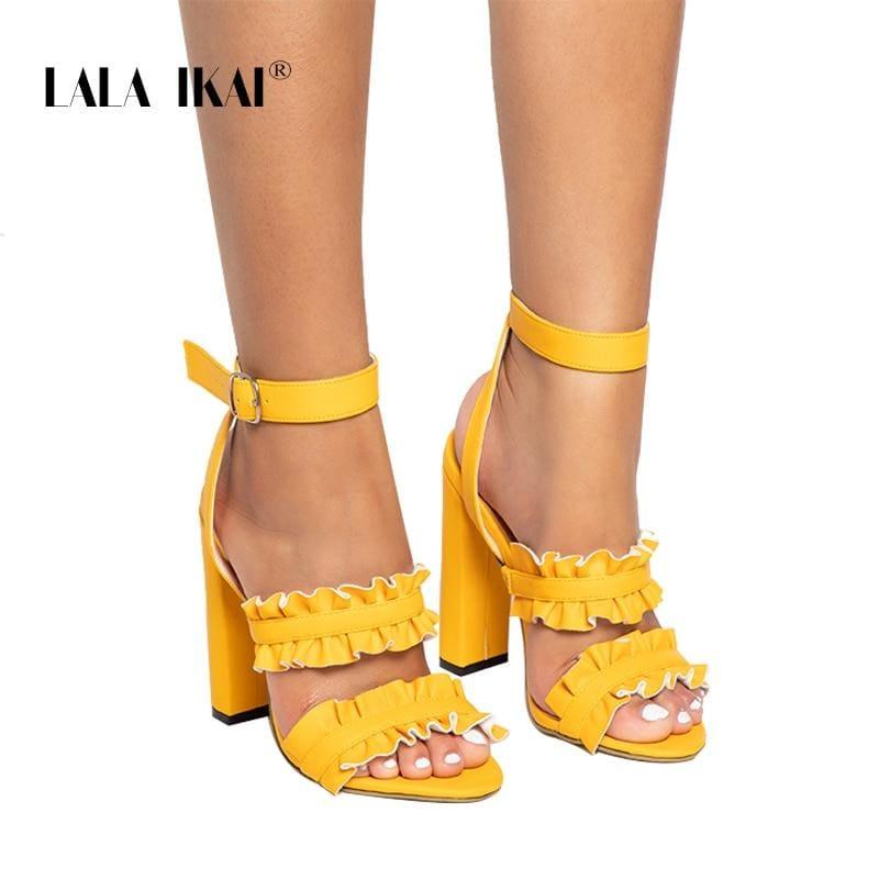 LALA IKAI Women Ruffles Square Heel Solid Fashion Buckle Strap Ladies Sandals