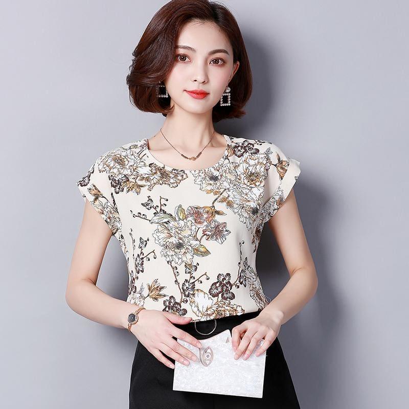 Leaf Floral Prints Chiffon Summer Floral Print Short Sleeve Blouse