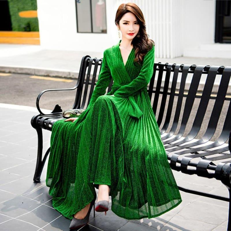 Long Pleated Deep V Neck Sashes Mesh Long Sleeve Runway Maxi Dress