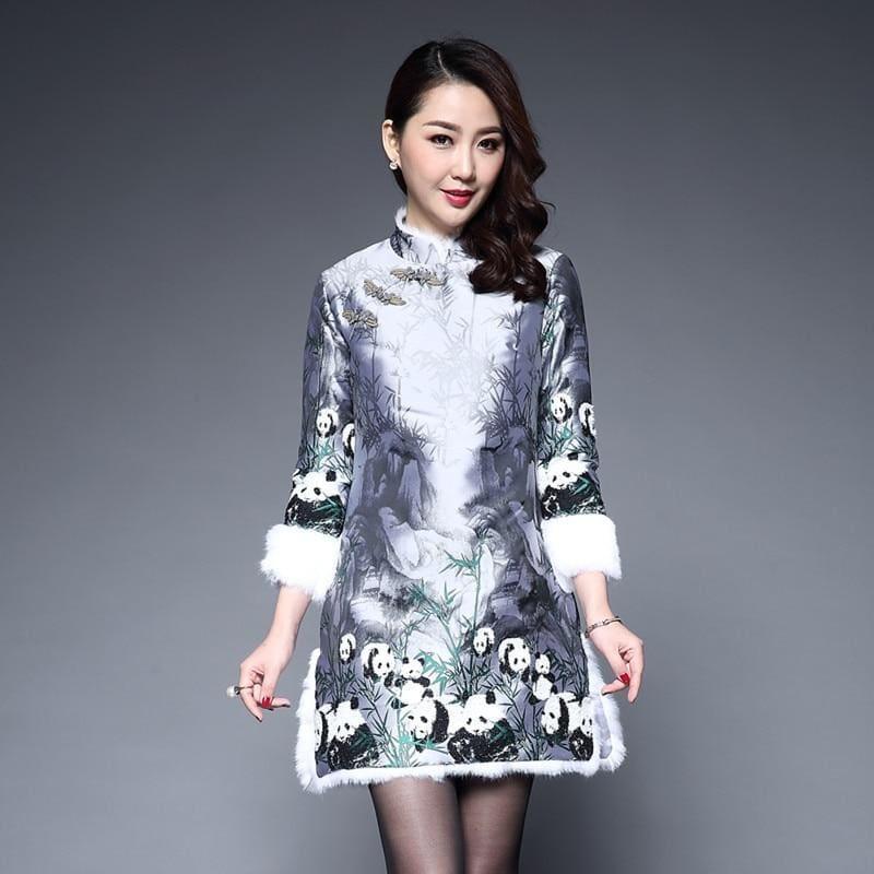 Long Sleeve Winter Qipao Satin Cheongsam Cotton Red Chinese Traditional Mini Dress