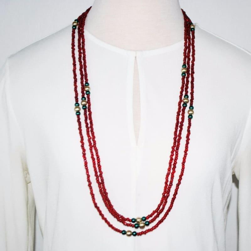 Long Three Strands Red With Green Ascent Necklace