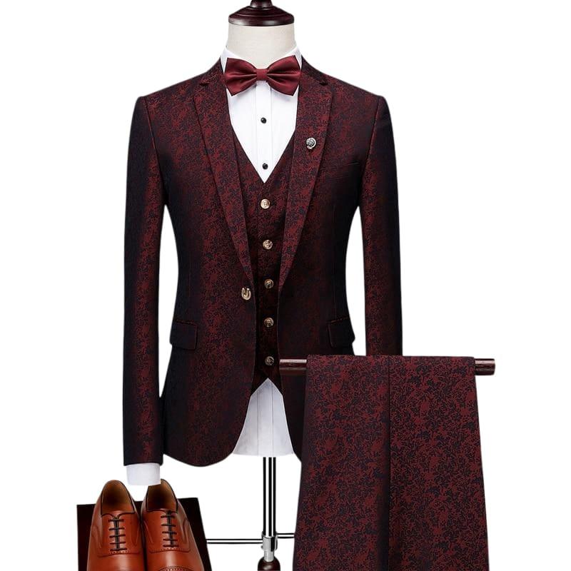 Luxury Blue and Burgundy Floral Three Piece Mens