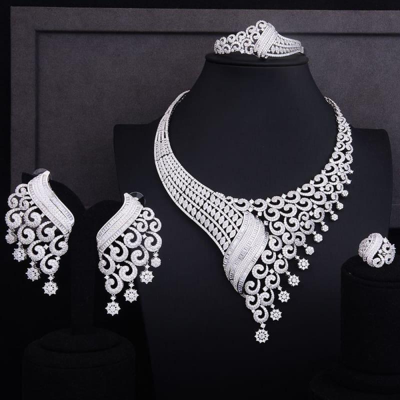 Luxury Climbing Flower Bridal Cubic Zirconia Necklace Dubai 4PCS Jewelry Set