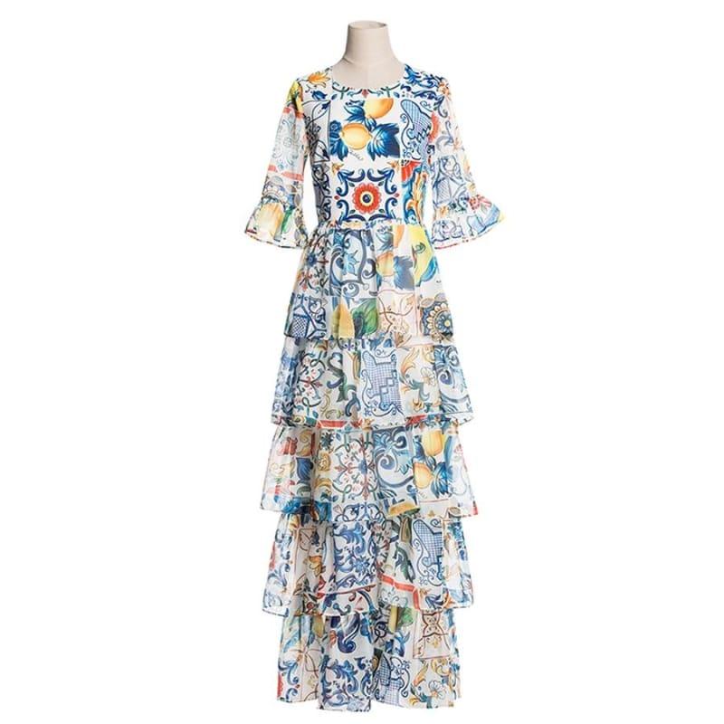 Luxury Half Flare Sleeve Fashion Patchwork Print Porcelain Romantic Sexy Maxi Dress