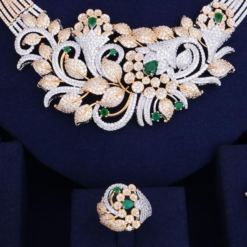 Luxury Shinning Flower Leaf Women Bridal Cubic Zirconia Necklace Dubai Dress Jewelry Set