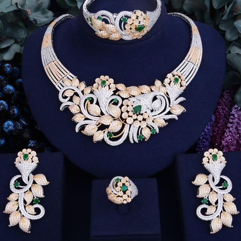 Luxury Shinning Flower Leaf Women Bridal Cubic Zirconia Necklace Dubai Dress Jewelry Set