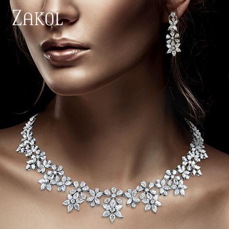 Luxury Sparking Brilliant Zircon Flower Earring Necklace Jewelry Set