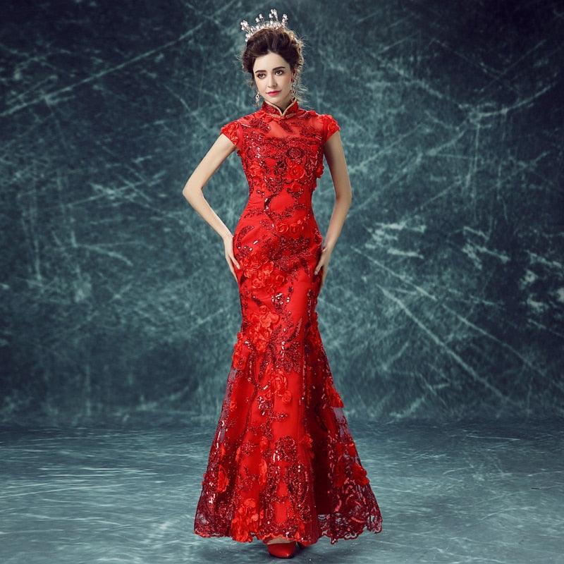 TeresaCollections - Embroidery Modern Cheongsam Red Sexy Qipao