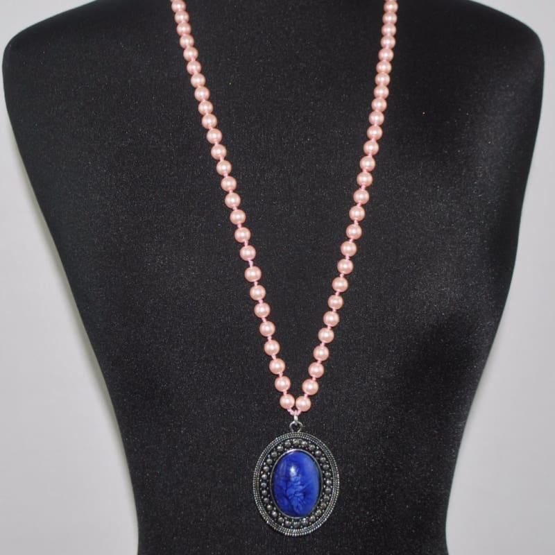 Moon Pendant Pink Glass Beaded Women's Necklace