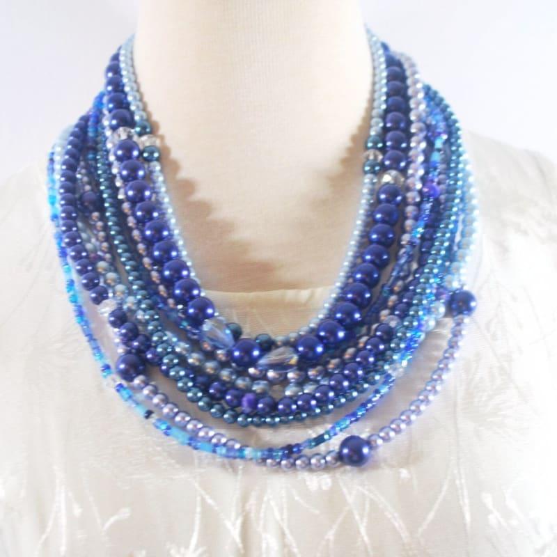 Multi Strand Shades of Blue Glass Pearls Necklace