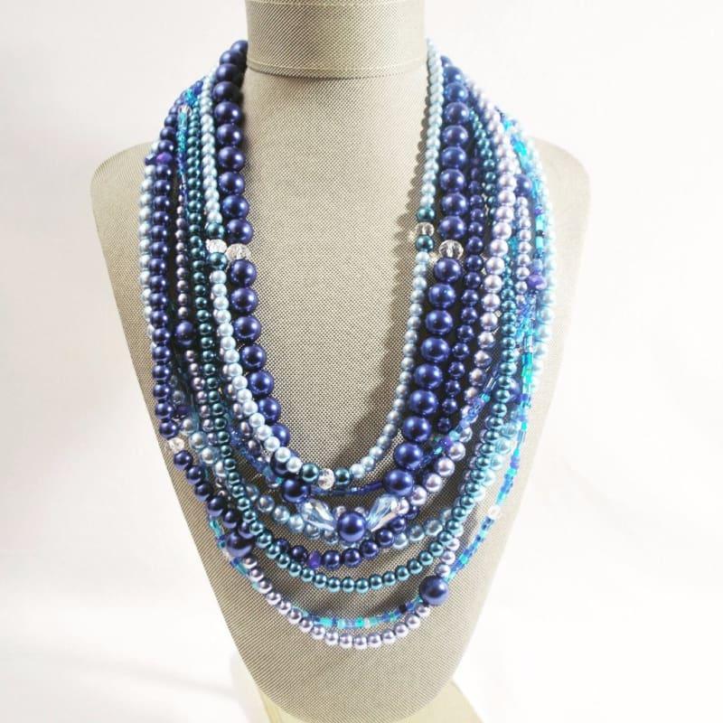 Multi Strand Shades of Blue Glass Pearls Necklace