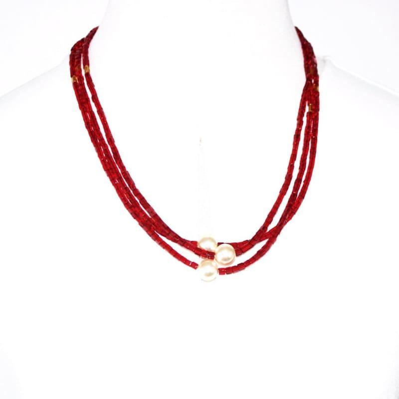 Multi Strands Red Beads With Pearl Ascent Elegant Necklace