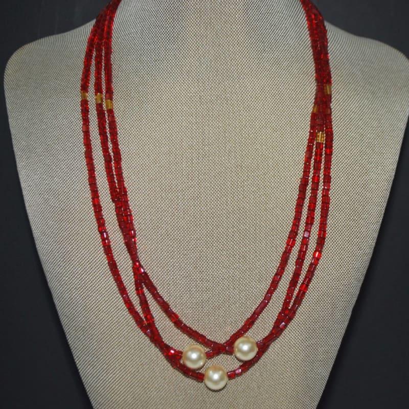 Multi Strands Red Beads With Pearl Ascent Elegant Necklace