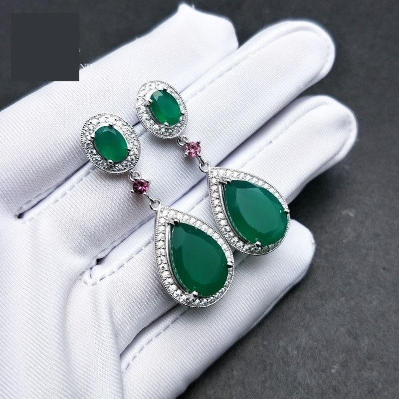 Natural Green Agate Water Drop 925 Sterling Silver Fine Jewelry Clasp Earrings