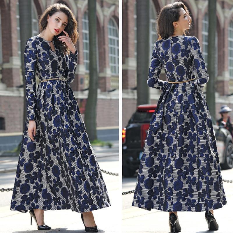 Navy Blue Floral Jacquard Long Sleeve Vintage  Formal Maxi Dress