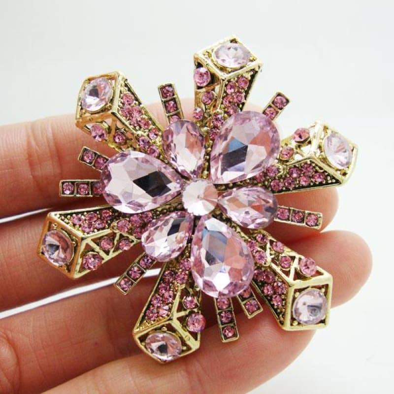 New Elegant Pink Snowflake Flower Brooch Rhinestone Crystal Pendant