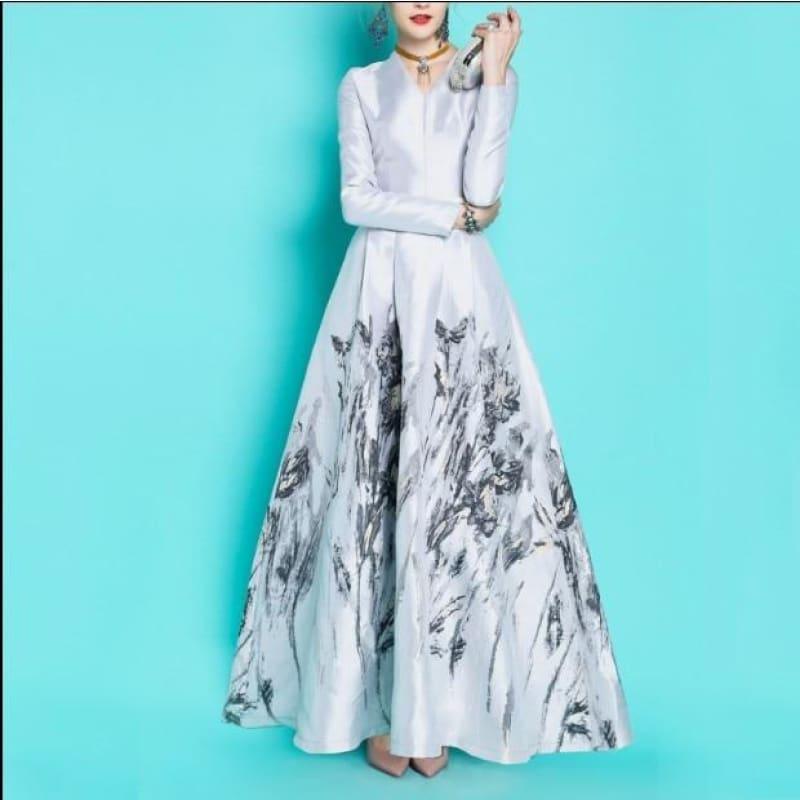 New SpringV Collar Luxury Long Jacquard Full Sleeve Retro Maxi Long Dress