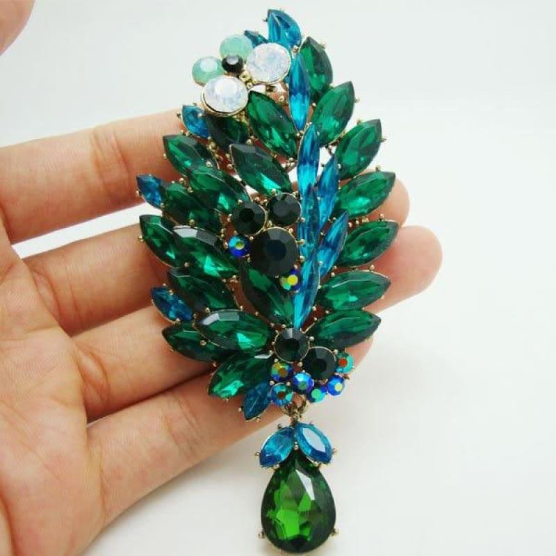 New Vintage Style Multi Crystal Rhinestone Green Flower Gold Tone Brooch Pin Pendant