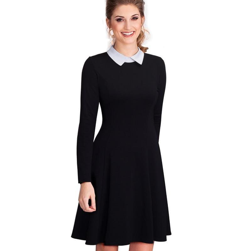 Office Business Pleated A-line Dress Classic Turn-down Collar Black Midi Dress