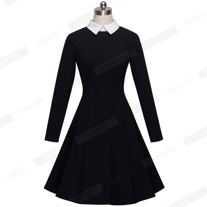 Office Business Pleated A-line Dress Classic Turn-down Collar Black Midi Dress