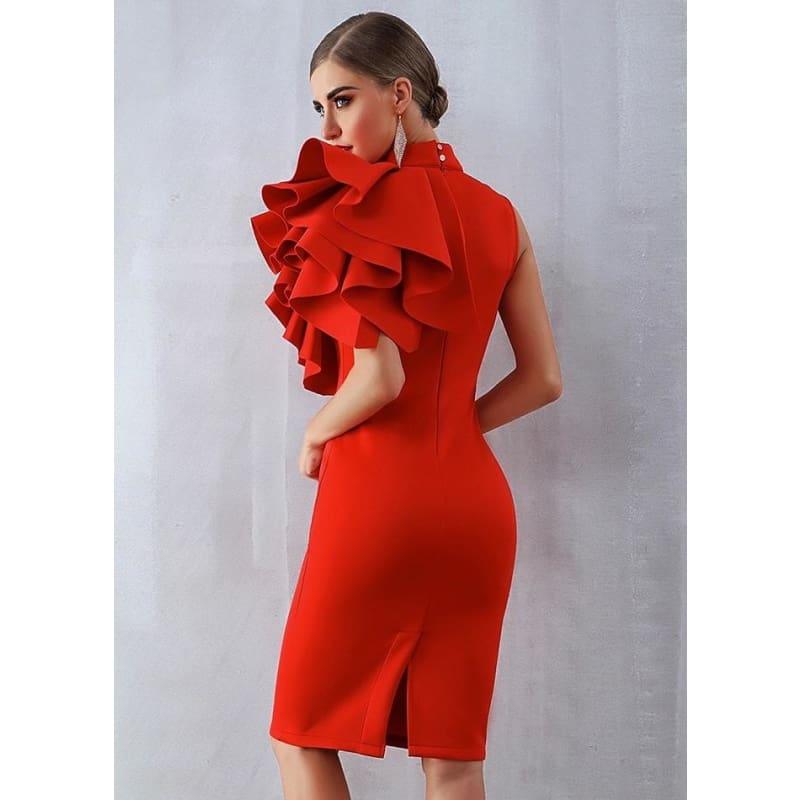 One Shoulder Ruffles Sexy Sleeveless  Bodycon Midi Dress