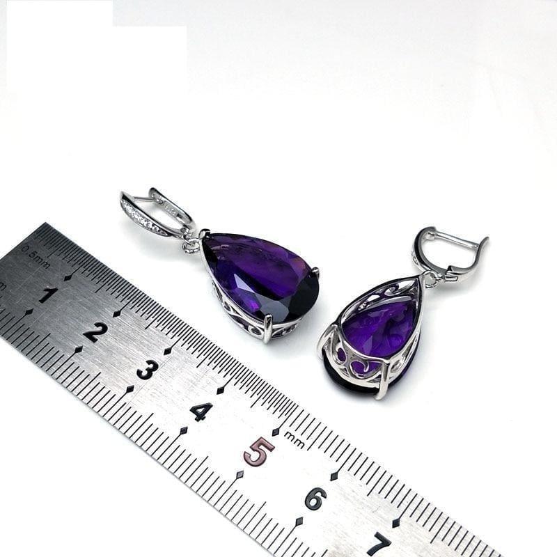 Pear Shaped 925 Silver Dangle Clasp Earring Pendant African Amethyst Luxury Jewelry Set