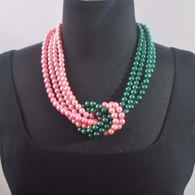 Pink and Green Twist Beaded Pearls Necklace