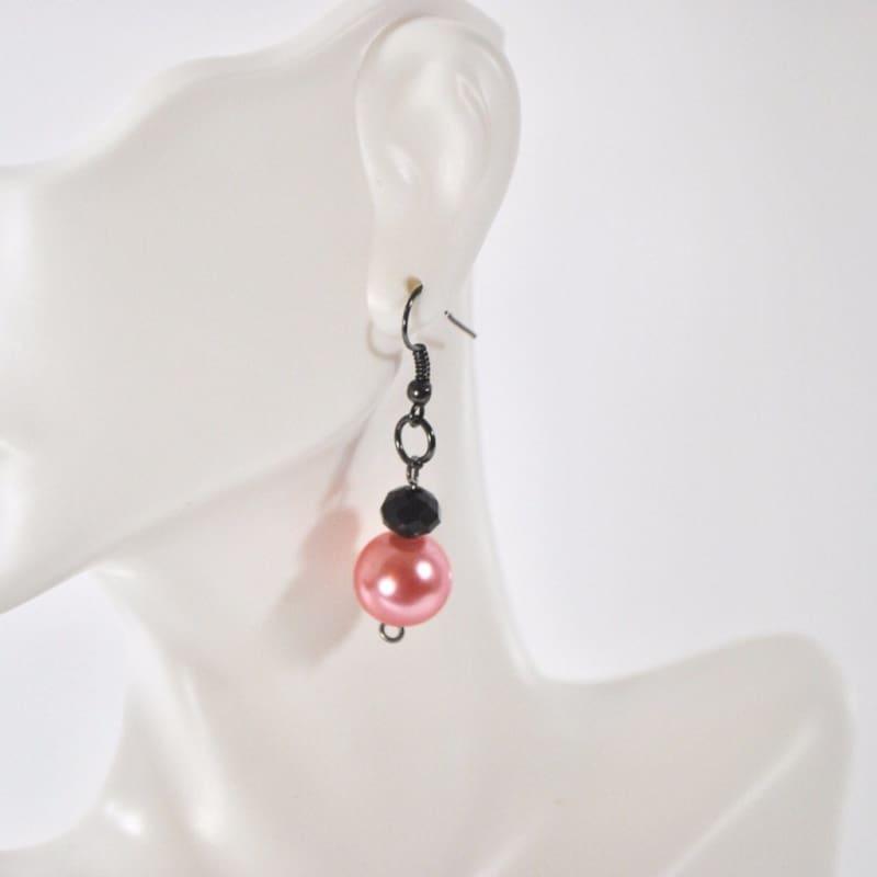 Pink Glass Pearls With Gunmetal French Hoops Women's Dangle Earrings