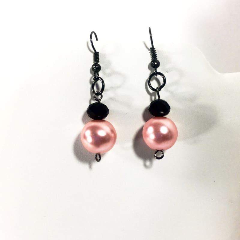 Pink Glass Pearls With Gunmetal French Hoops Women's Dangle Earrings