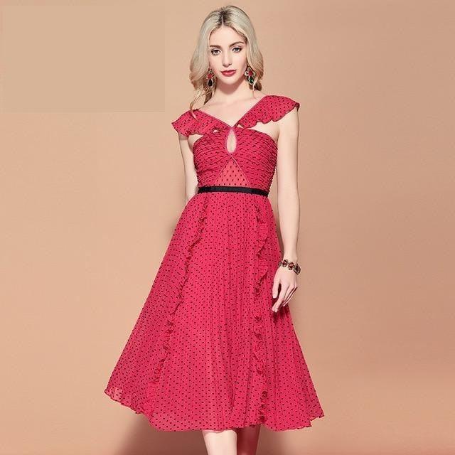 Polka Dot Off Shoulder Sexy v Neck Ruffles Pleated Midi Dress